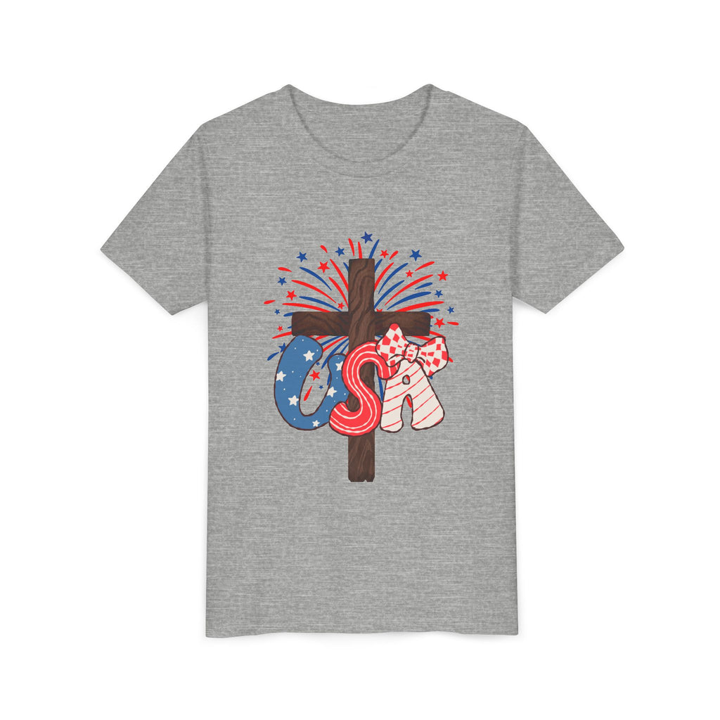 Youth Tee - Patriotic USA Cross with Fireworks and Stars