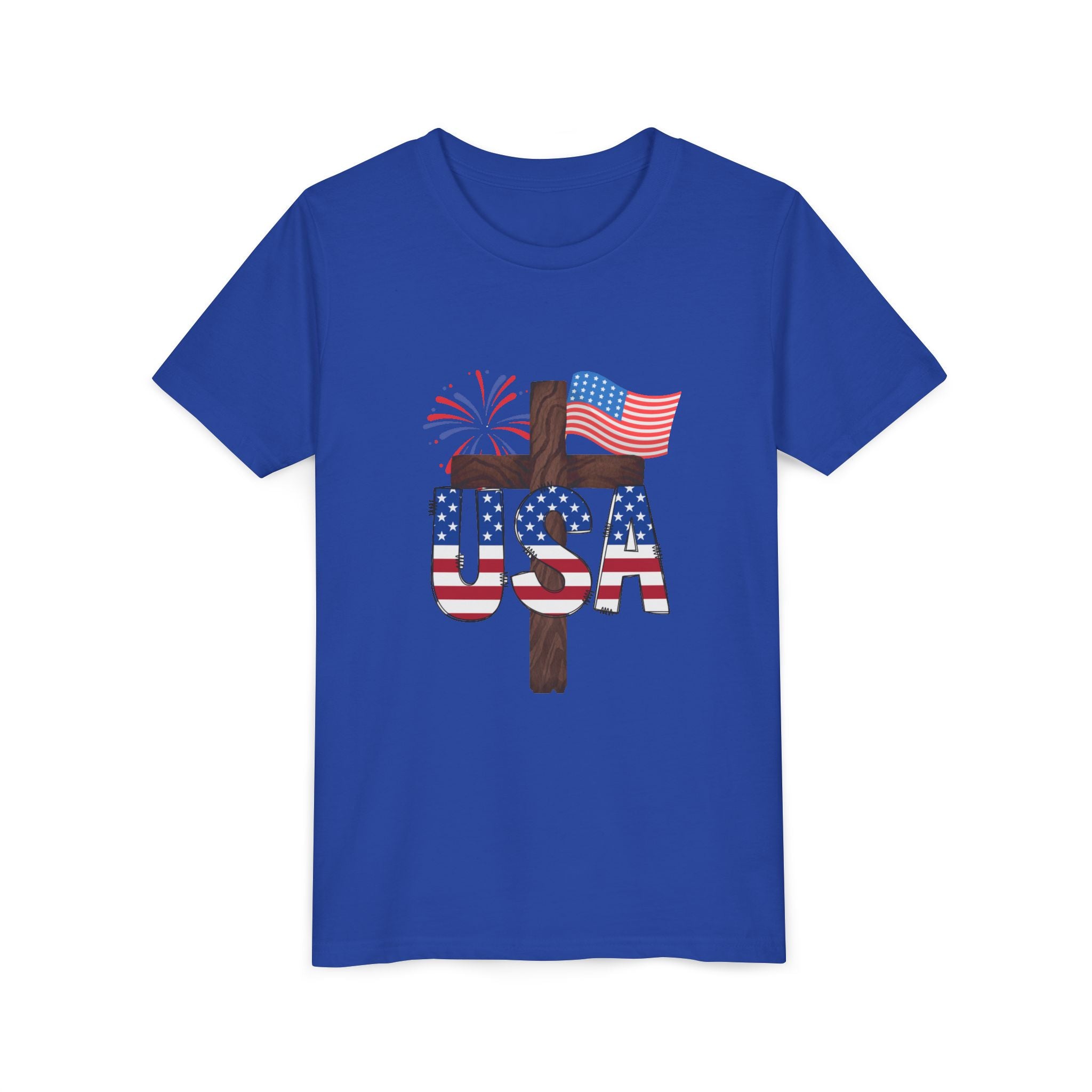Youth Tee — USA Patriotic Cross Design with Flag & Fireworks