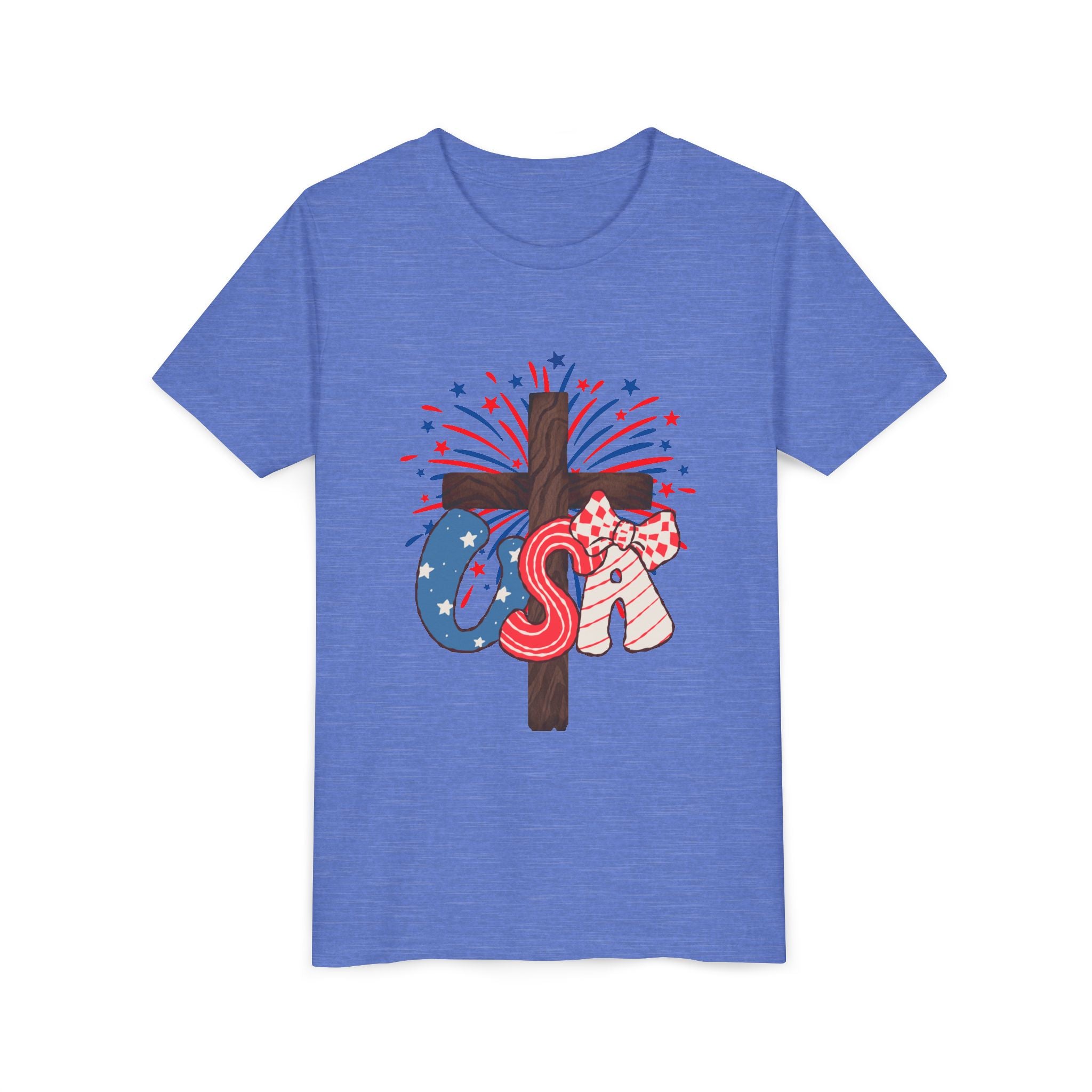 Youth Tee - Patriotic USA Cross with Fireworks and Stars